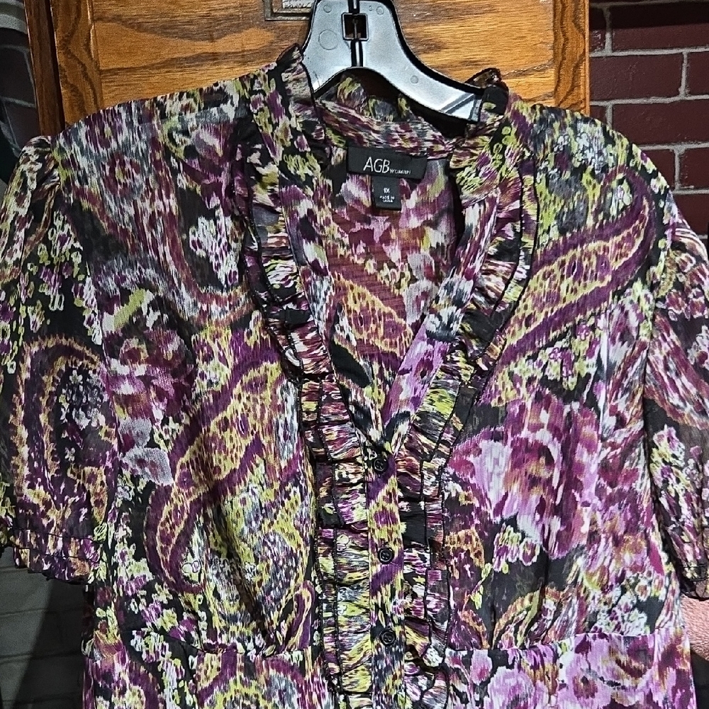 AGB Purple, Green & Black Floral Ruffle Button Blouse